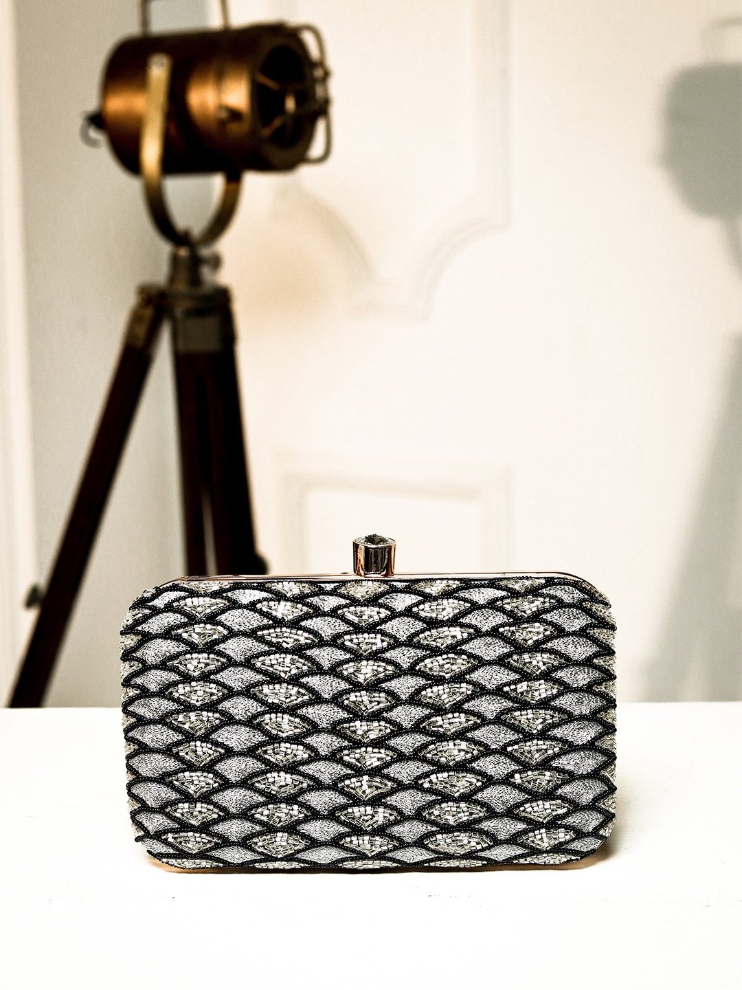 

NR By Nidhi Rathi Black & White Embroidered Embroidered Box Clutch