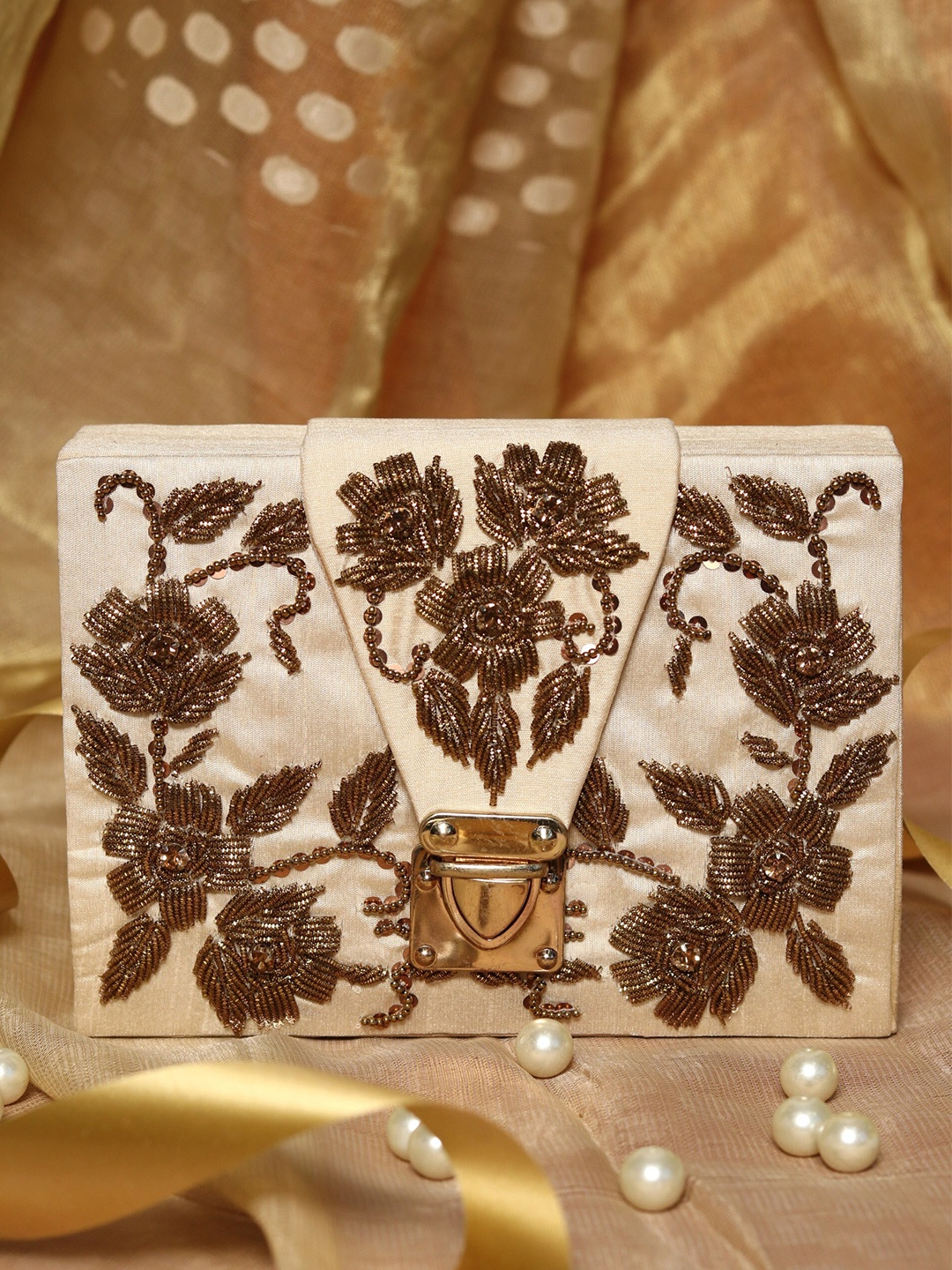 

NR By Nidhi Rathi Off White & Gold-Toned Embroidered Buckle Detail Box Clutch