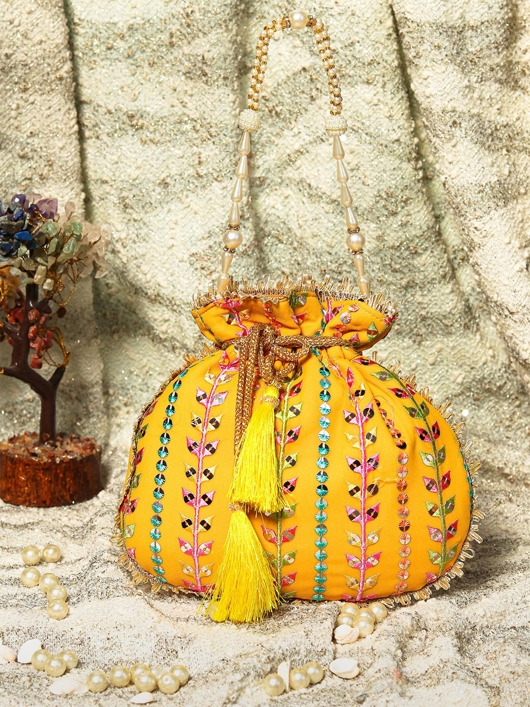 

NR By Nidhi Rathi Yellow & Blue Embroidered Potli Clutch