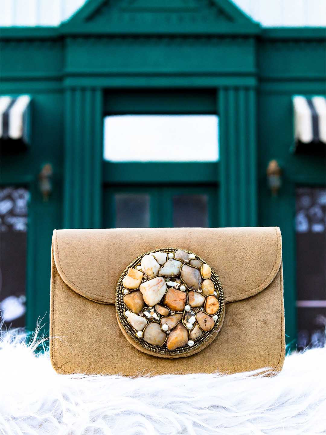 

NR By Nidhi Rathi Tan Embellished Embellished Foldover Clutch
