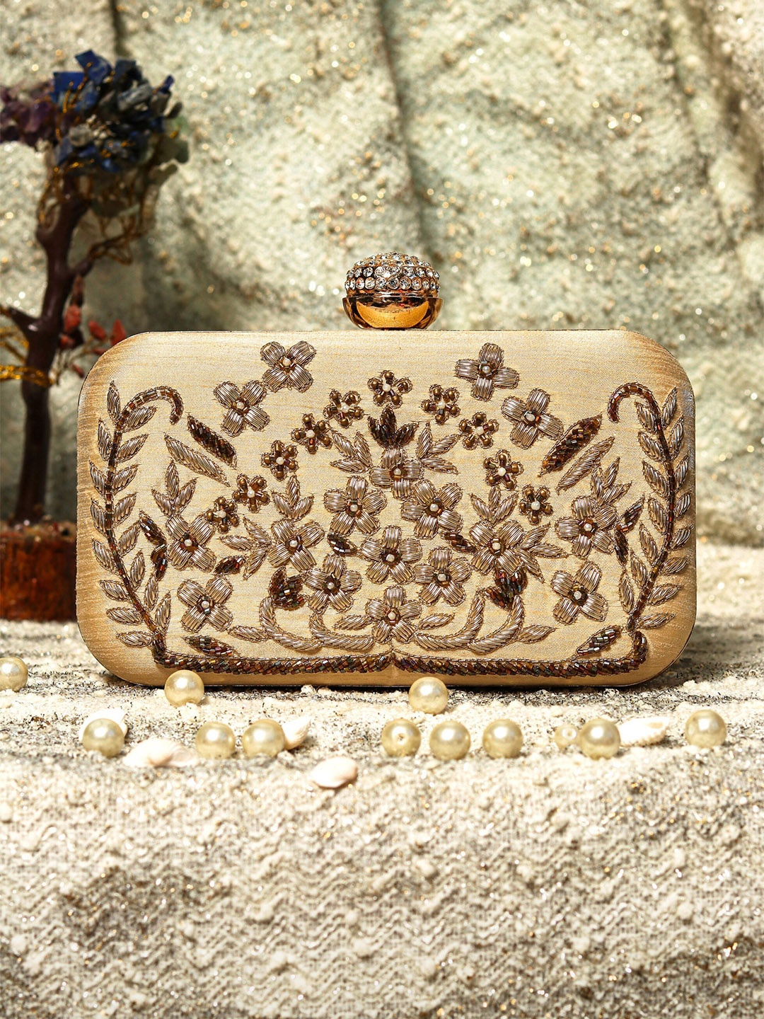 

NR By Nidhi Rathi Beige Embroidered Embroidered Box Clutch