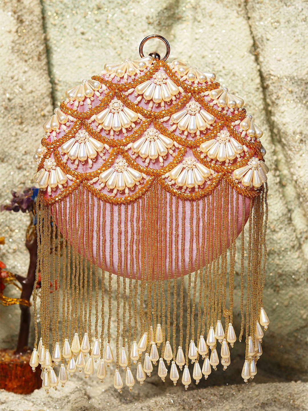 

NR By Nidhi Rathi Peach-Coloured & White Embroidered Tasselled Box Clutch