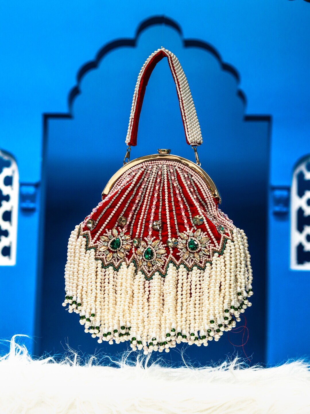 

NR By Nidhi Rathi Women Red & Off White Embroidered Tasselled Half Moon Clutch