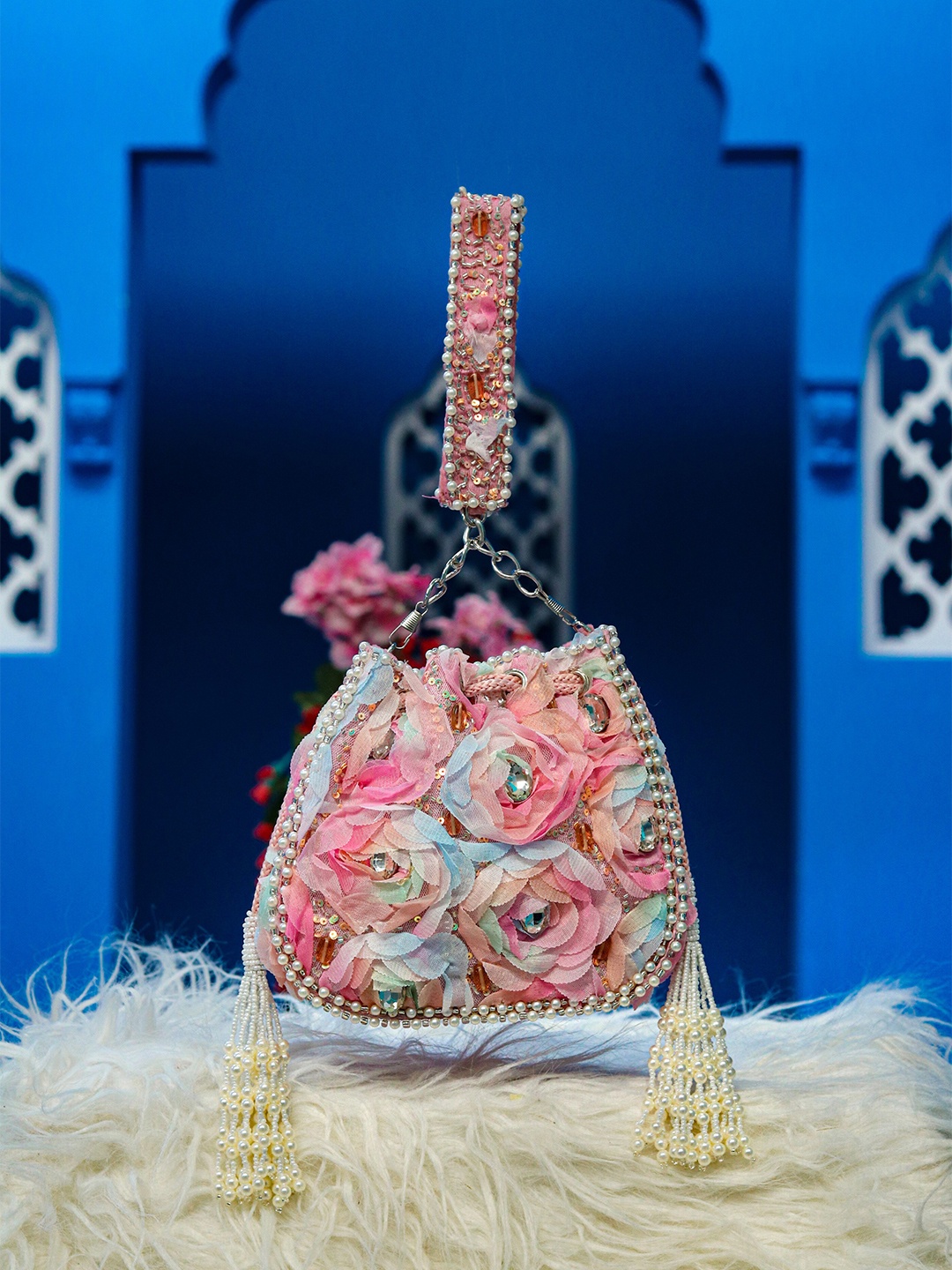 

NR By Nidhi Rathi Pink & White Embroidered Embroidered Purse Clutch