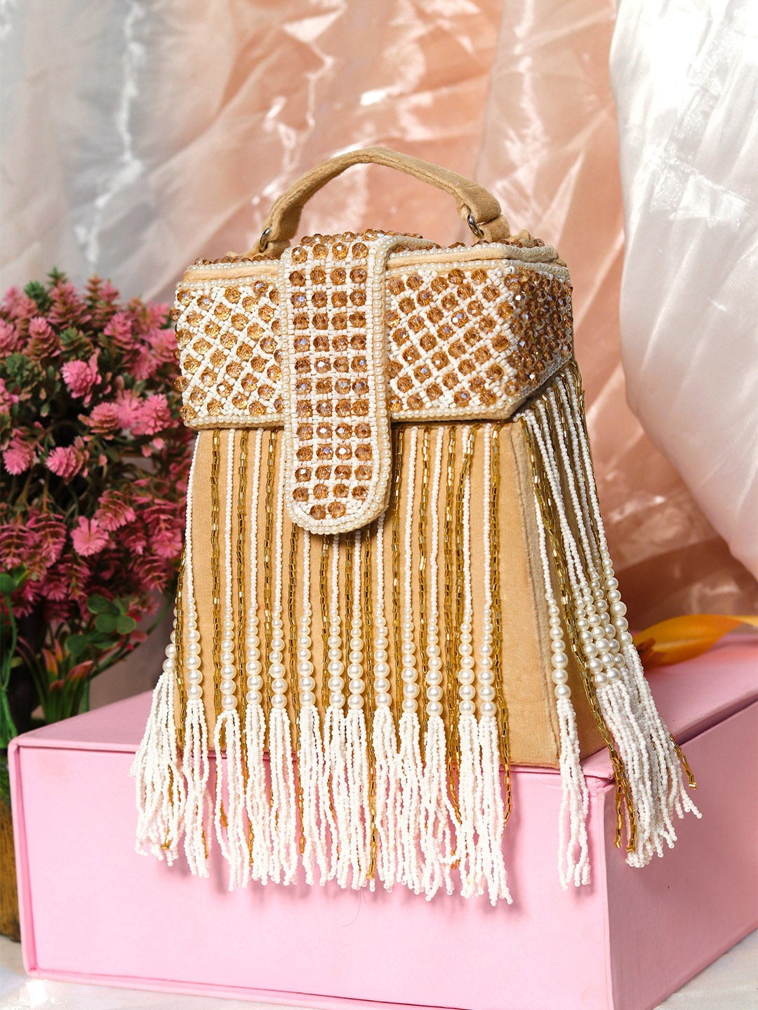 

NR By Nidhi Rathi Women Gold-Toned & White Embroidered Tasselled Box Clutch