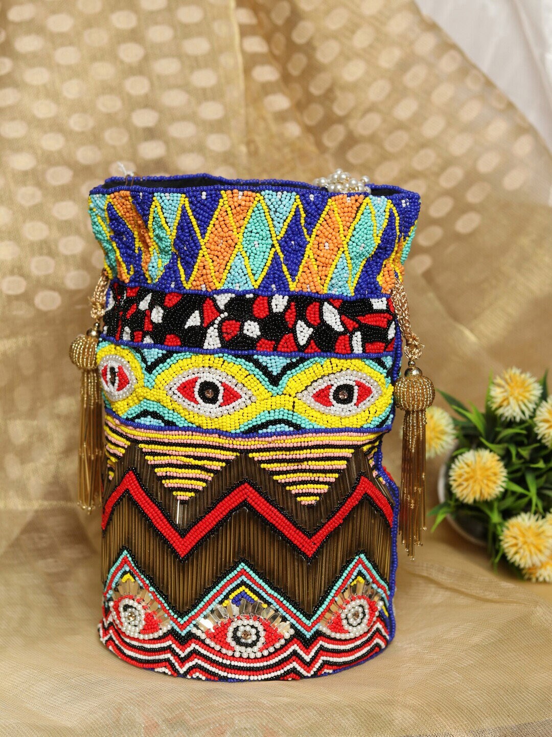 

NR By Nidhi Rathi Women Brown & Blue Embroidered Potli Clutch