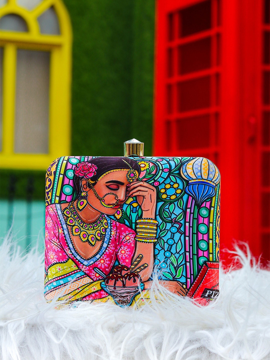 

NR By Nidhi Rathi Pink & Blue Printed Box Clutch