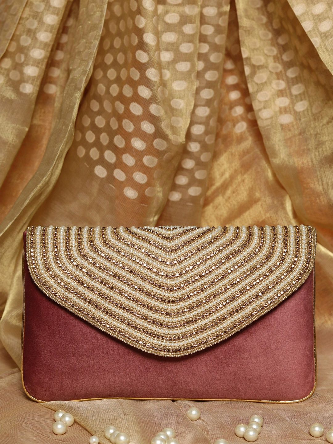 

NR By Nidhi Rathi Burgundy & Gold-Toned Embroidered Embellished Envelope Clutch