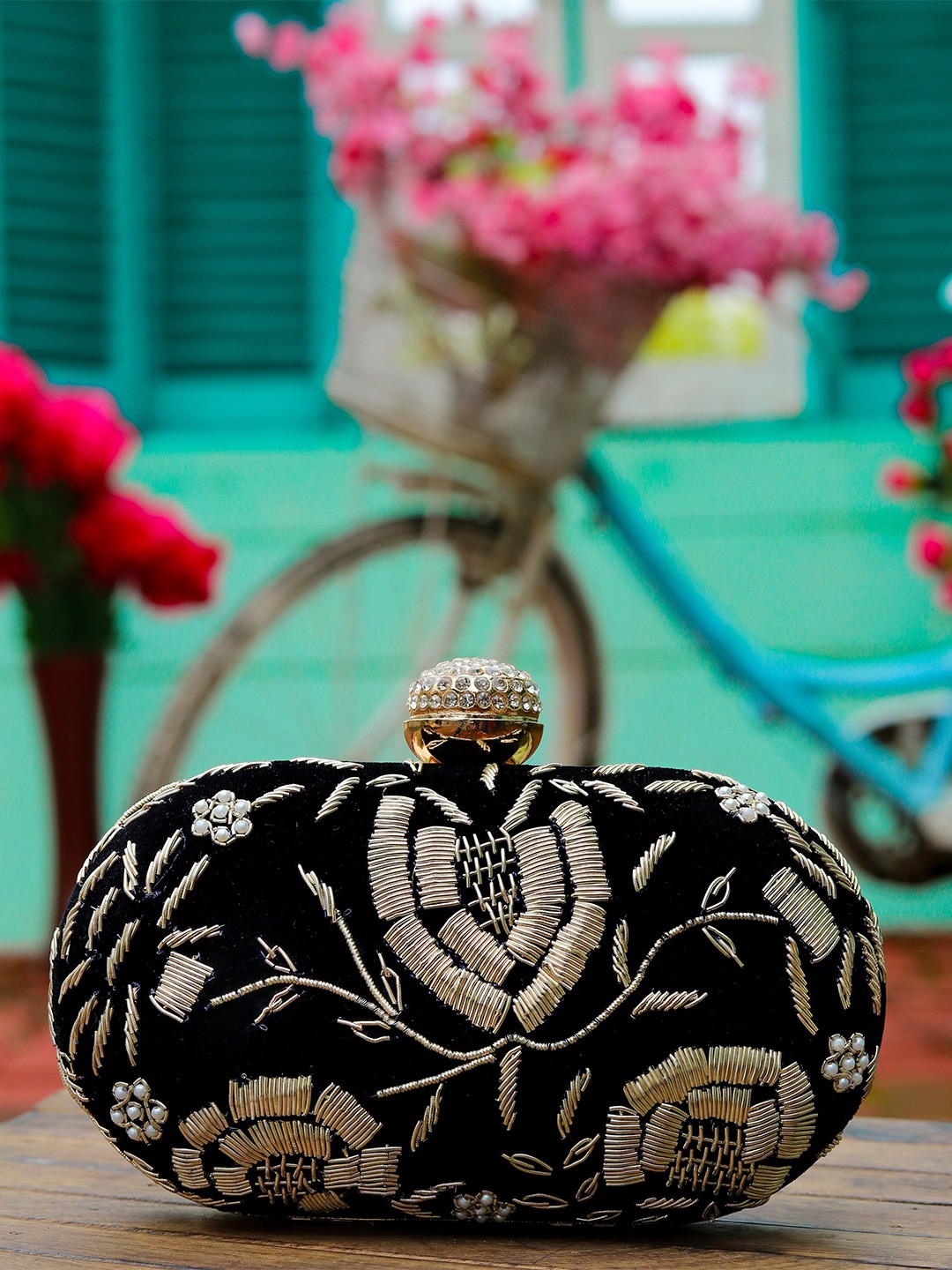 

NR By Nidhi Rathi Women Black & Gold-Toned Embroidered Box Clutch
