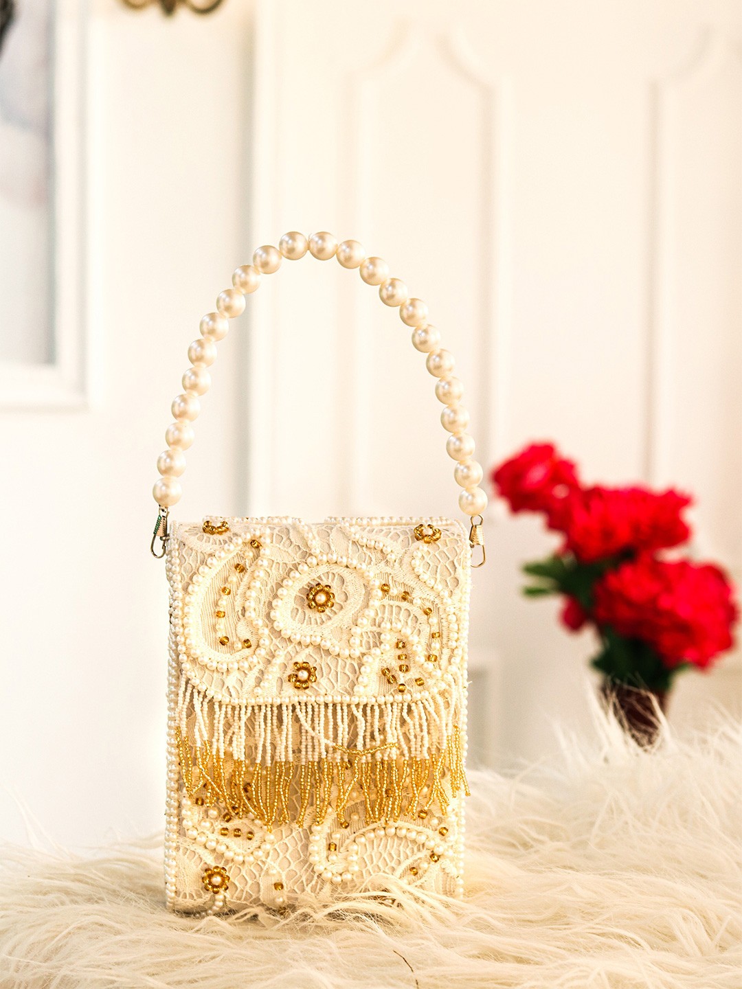 

NR By Nidhi Rathi Women White & Gold-Toned Embroidered Tasselled Purse Clutch