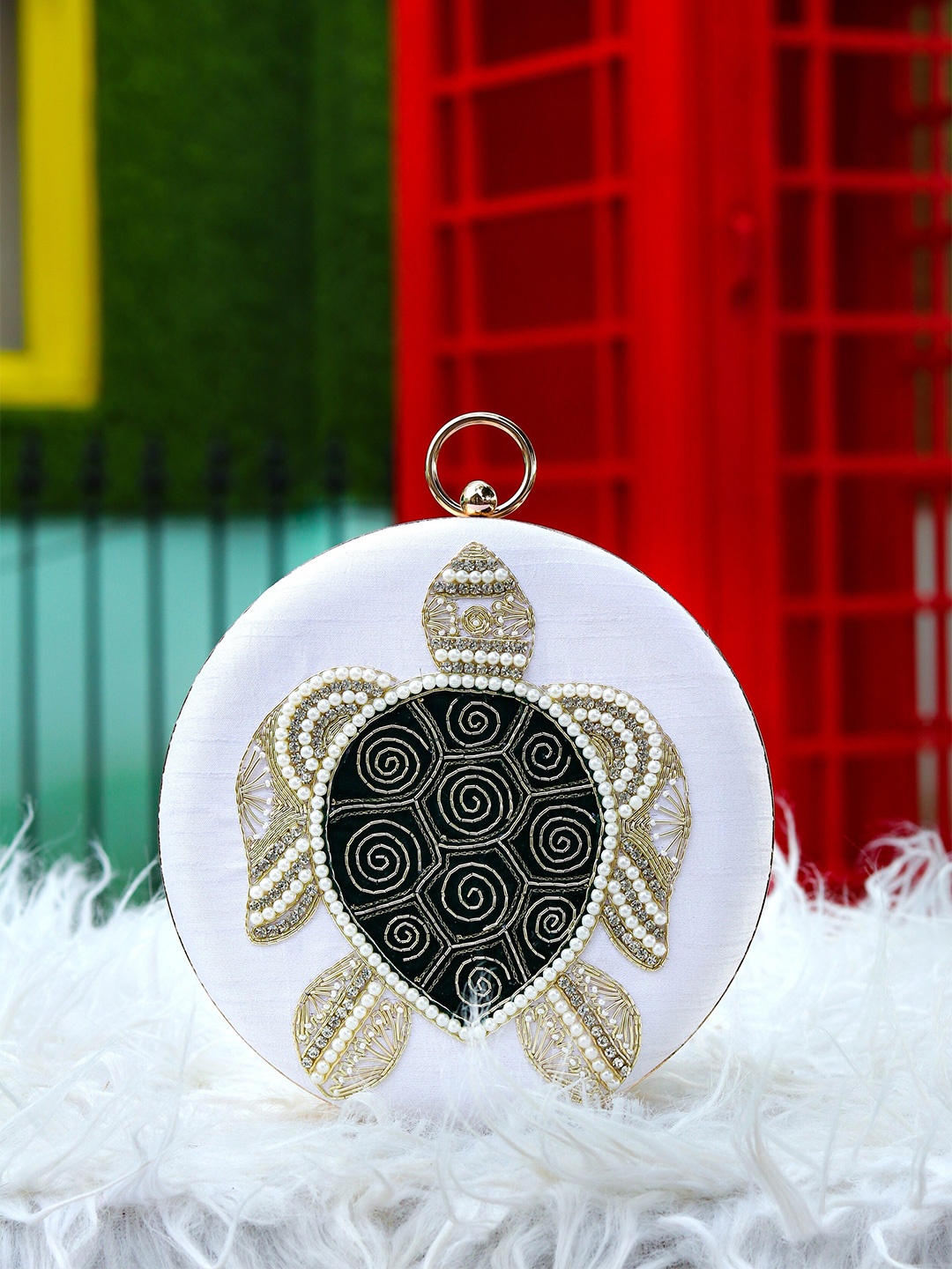 

NR By Nidhi Rathi Women White & Black Embroidered Box Clutch