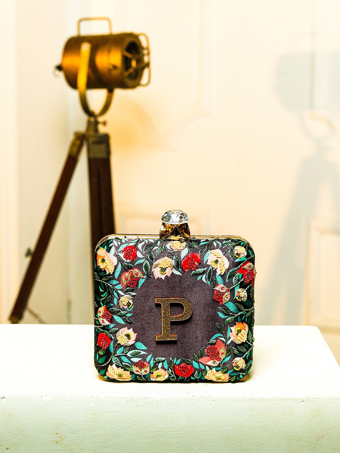 

NR By Nidhi Rathi Brown & Green Embellished Embroidered Box Clutch