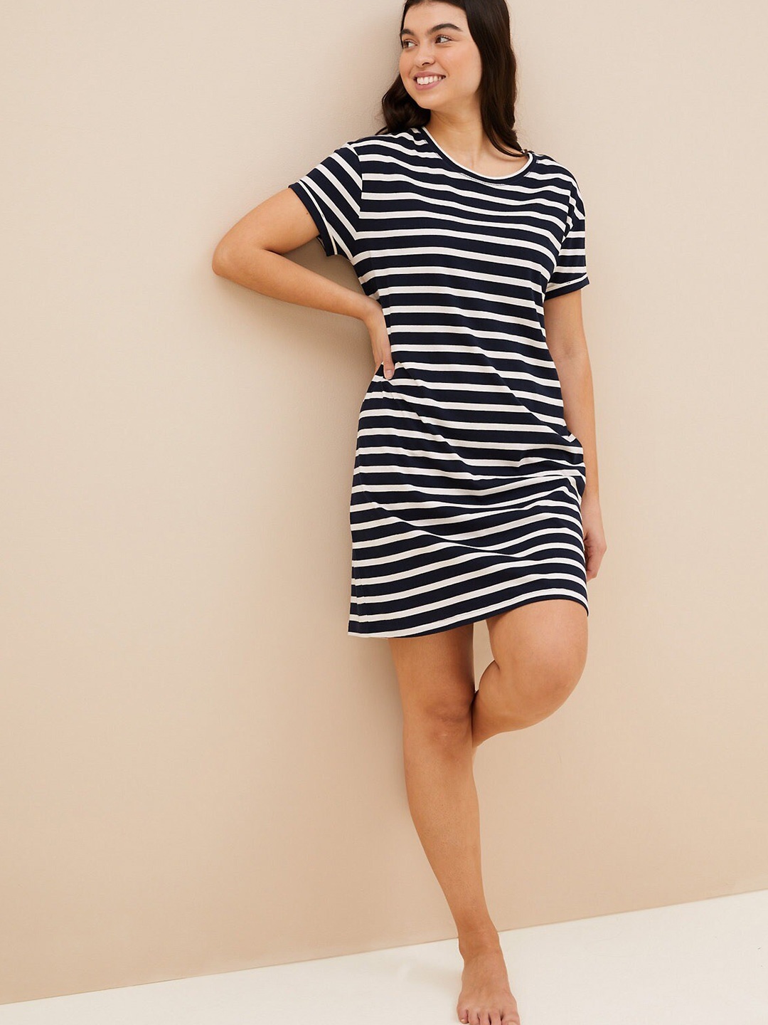 

Marks & Spencer Women Navy Blue Striped Pure Cotton Nightdress
