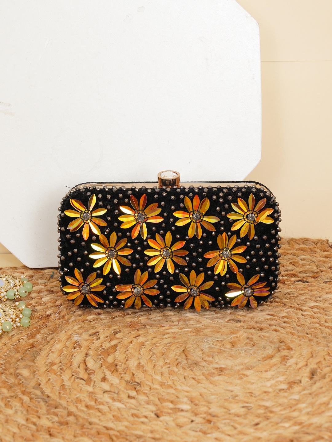 

FABBHUE Black & Gold-Toned Embellished Box Clutch