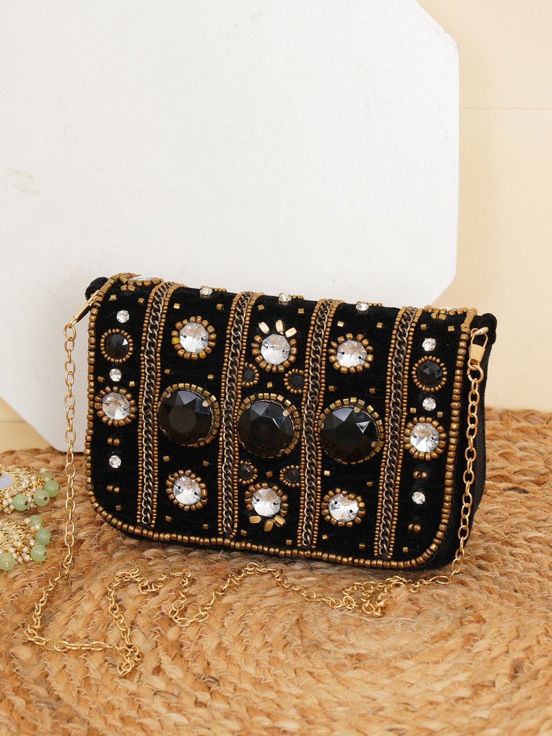 

FABBHUE Black & Gold-Toned Embellished Purse Clutch