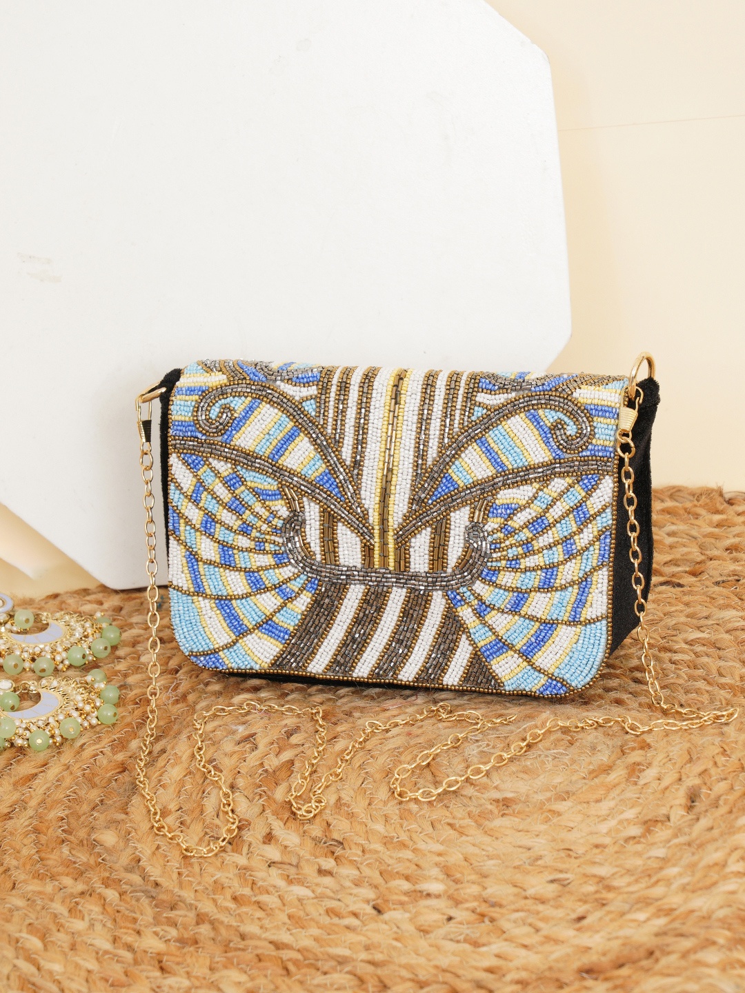 

FABBHUE Black & Blue Embellished Envelope Clutch