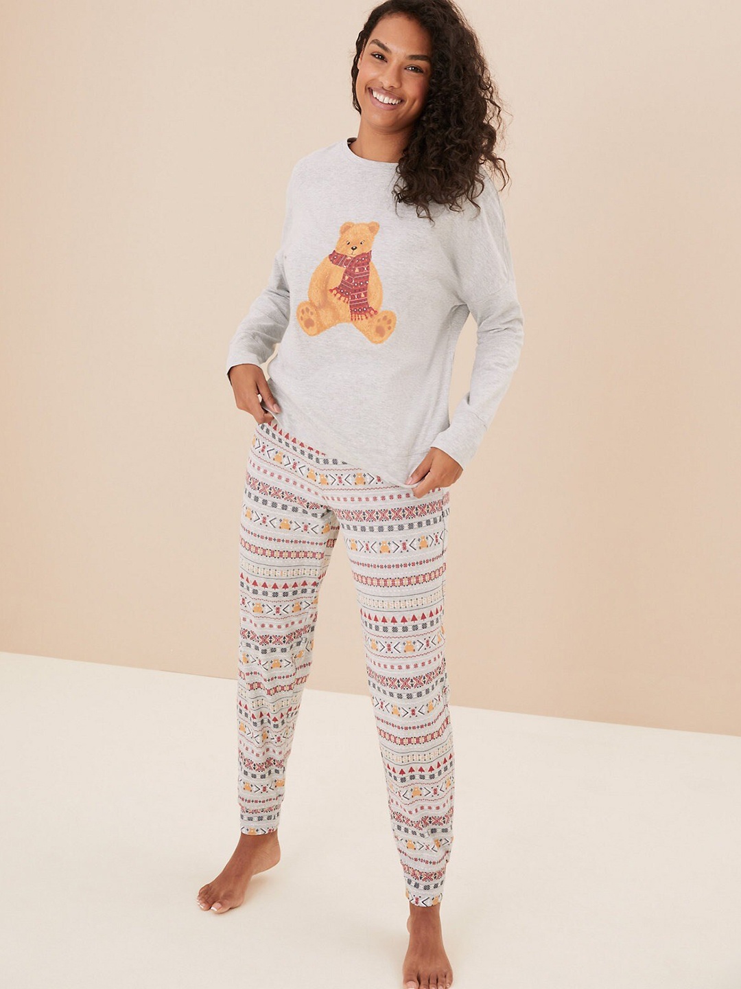 

Marks & Spencer Women Grey & Red Printed Cotton Night suit