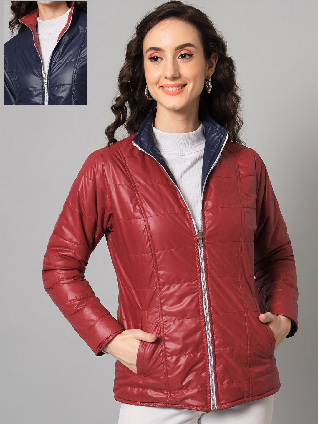 

PURYS Women Navy Blue & Maroon Reversible Quilted Jacket
