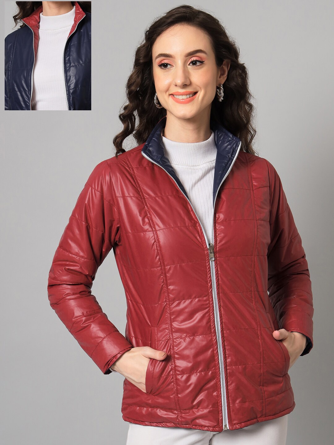 

PURYS Women Maroon Navy Blue & Maroon Reversible Quilted Jacket