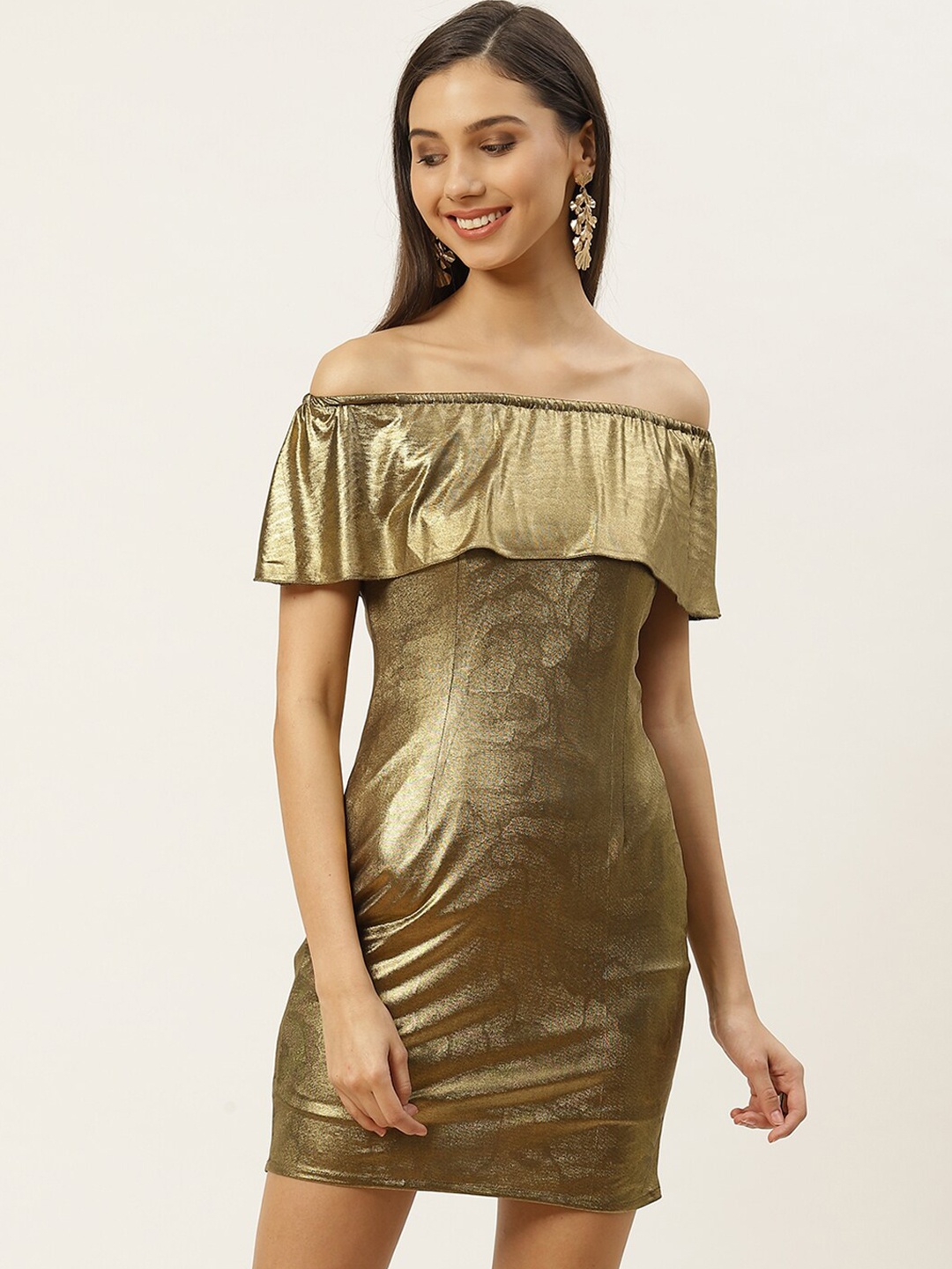 

DODO & MOA Women Gold-Toned Off-Shoulder Solid Bodycon Dress