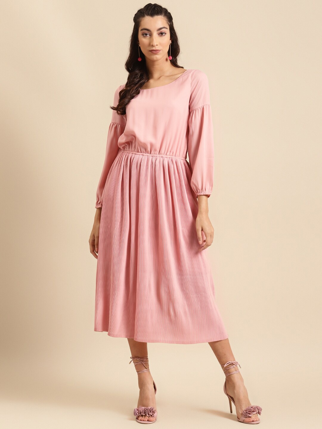 

DODO & MOA Women Peach Puff Sleeves Fit & Flare Dress
