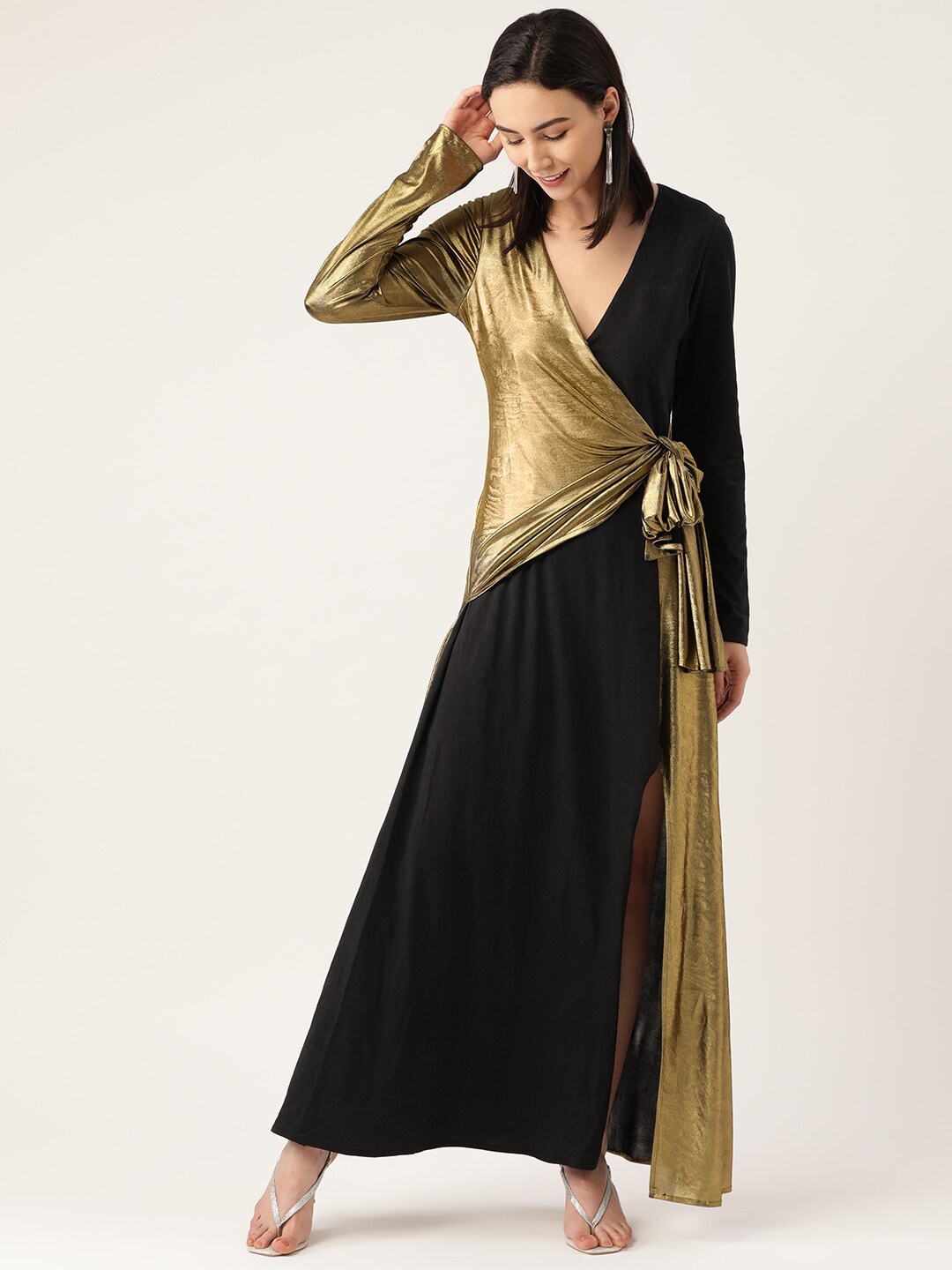 

DODO & MOA Women Gold & Black Solid Wrap Dress