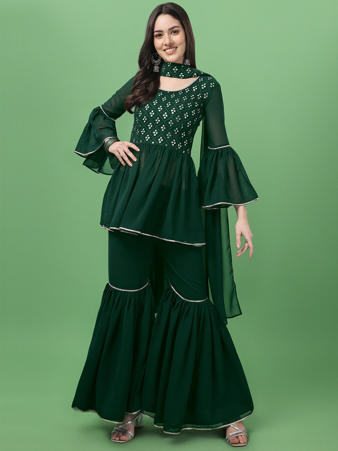 

ASPORA Women Green Embroidered Pleated Gotta Patti Kurti with Sharara & With Dupatta