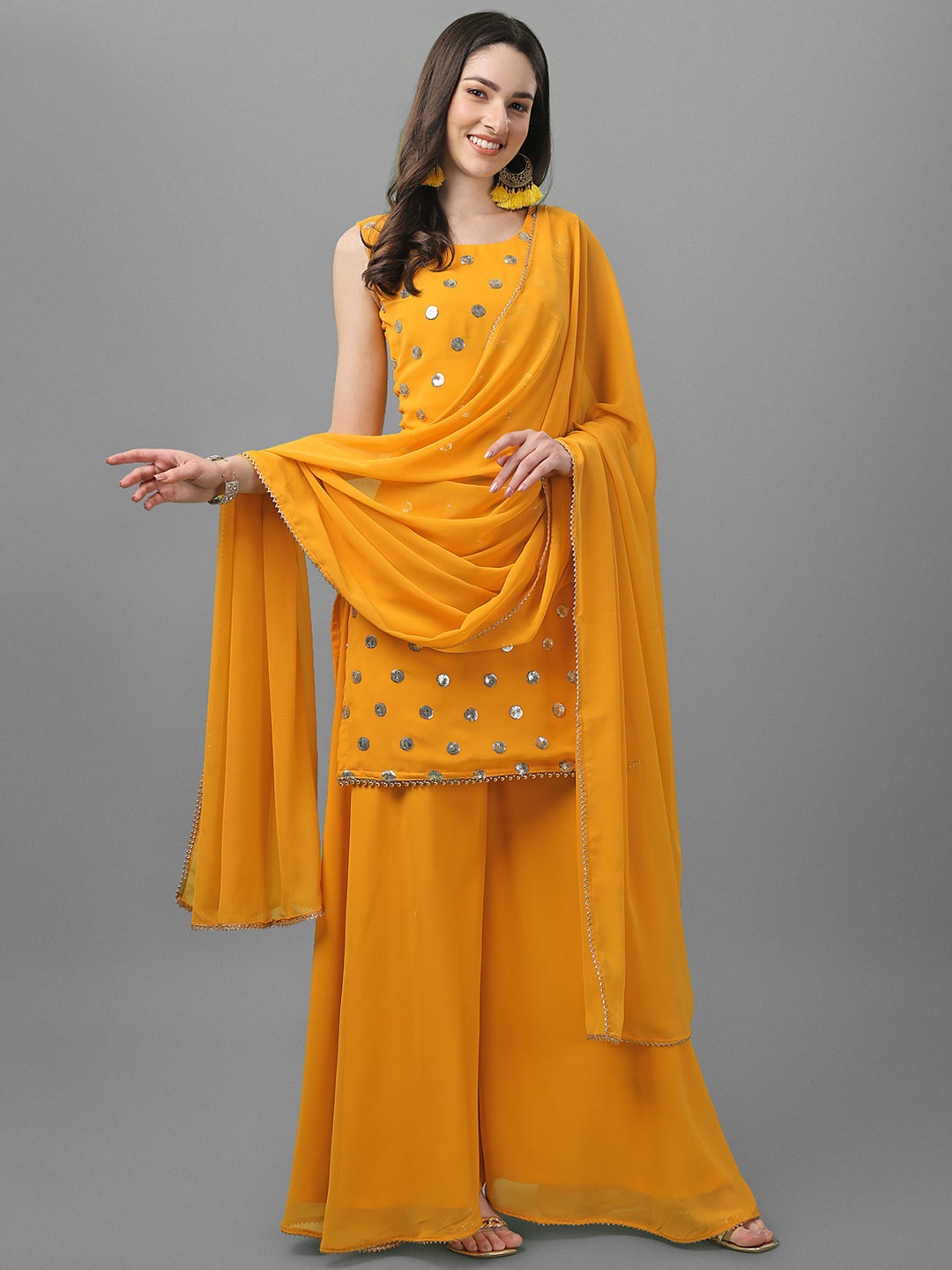 

ASPORA Women Yellow Ethnic Motifs Embroidered Sequinned Kurti with Sharara & With Dupatta
