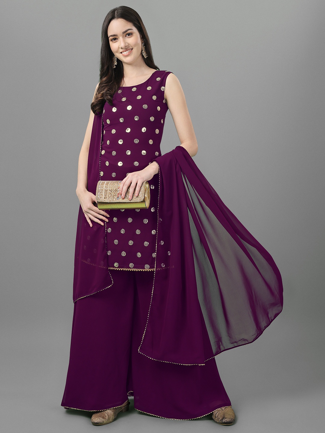 

ASPORA Women Purple Ethnic Motifs Embroidered Sequinned Kurti with Palazzos & With Dupatta