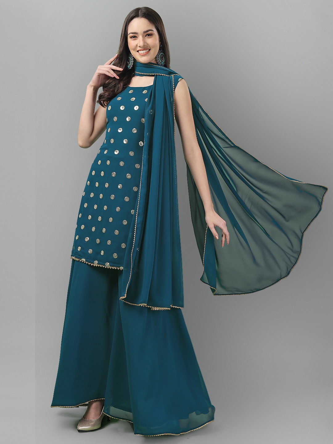 

ASPORA Women Turquoise Blue Ethnic Motifs Embroidered Sequinned Kurti with Sharara & With Dupatta