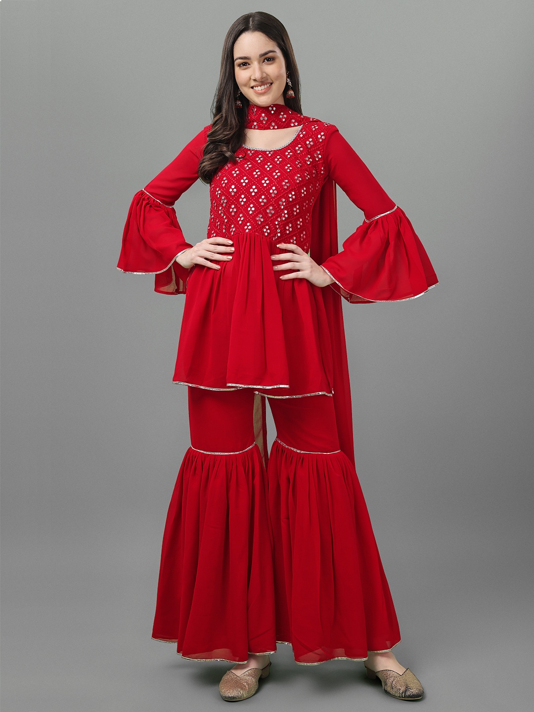 

ASPORA Women Red Embroidered Pleated Gotta Patti Kurti with Sharara & With Dupatta