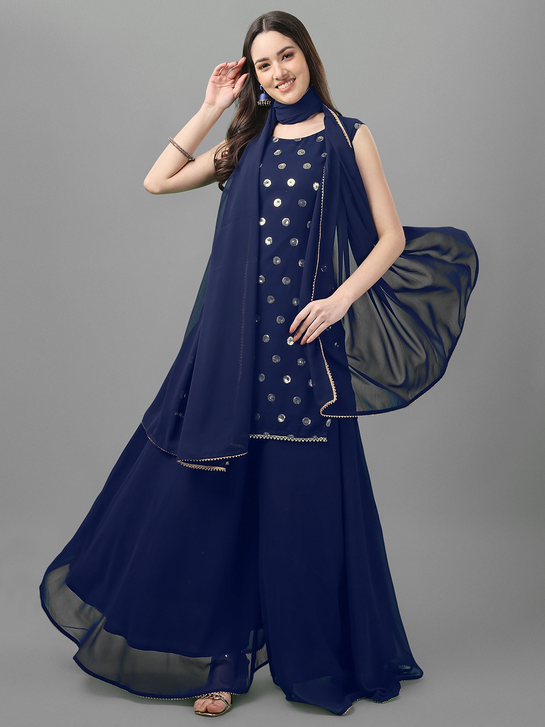 

ASPORA Women Navy Blue Ethnic Motifs Printed Sequinned Kurti with Sharara & With Dupatta