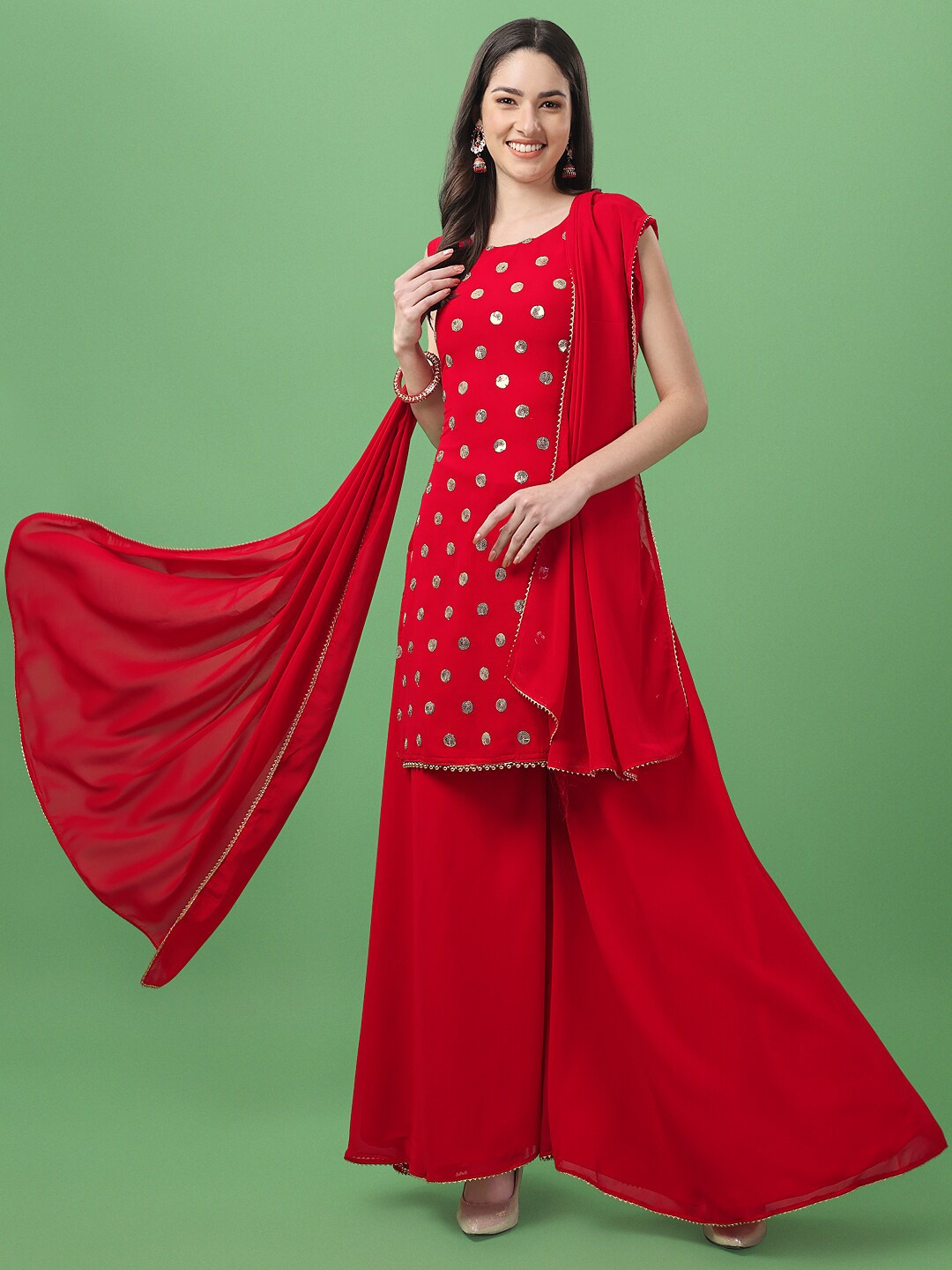 

ASPORA Women Red Ethnic Motifs Embroidered Sequinned Kurti with Sharara & With Dupatta