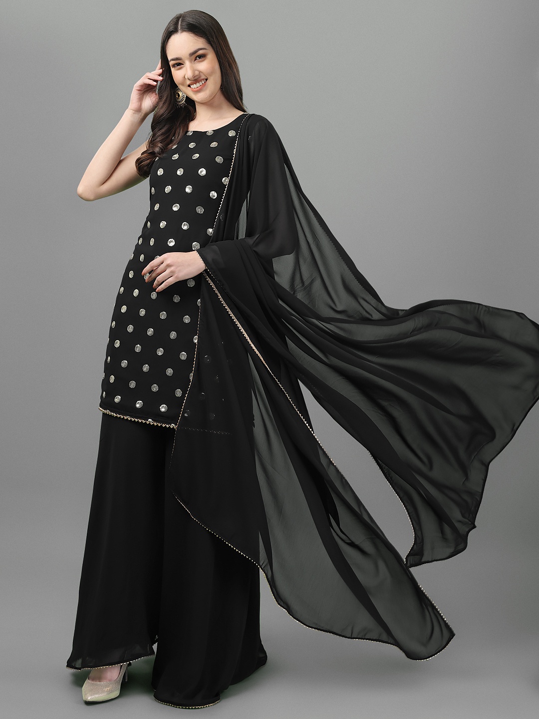 

ASPORA Women Black Ethnic Motifs Embroidered Sequinned Kurti with Sharara & With Dupatta
