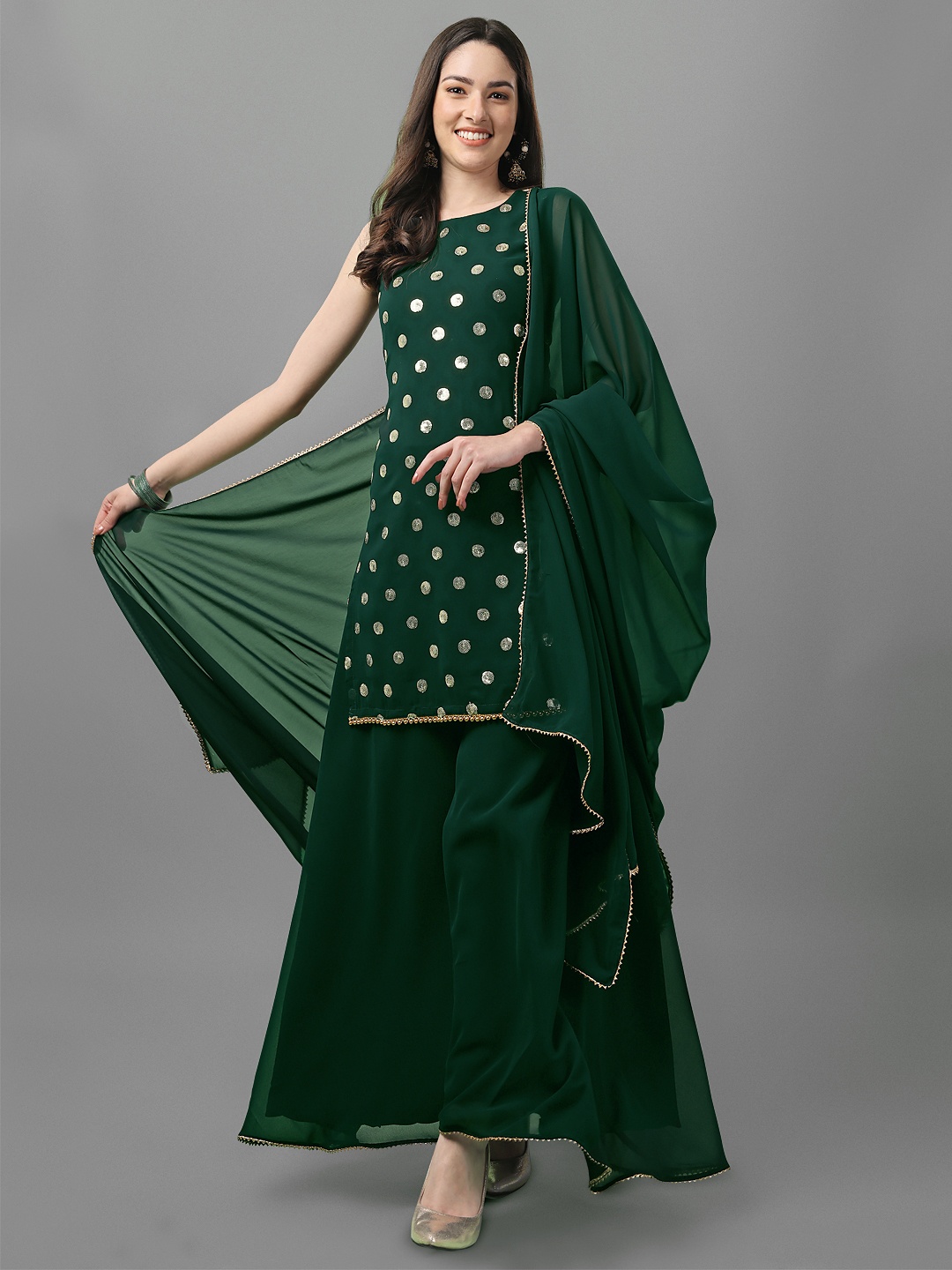 

ASPORA Women Green Ethnic Motifs Embroidered Sequinned Kurti with Sharara & With Dupatta