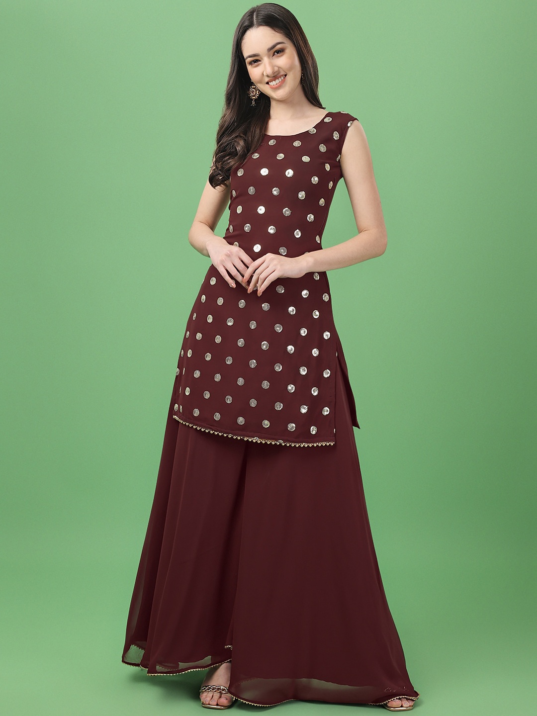 

ASPORA Women Coffee Brown Ethnic Motifs Embroidered Sequinned Kurti with Sharara & With Dupatta