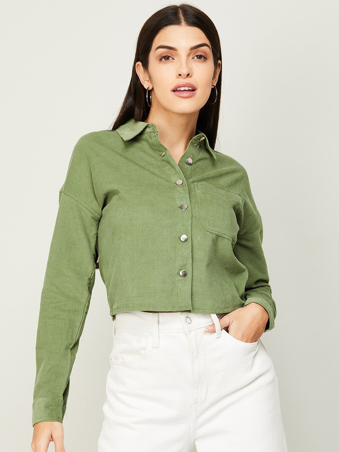 

Ginger by Lifestyle Olive Green Solid Pure Cotton Shirt Style Top