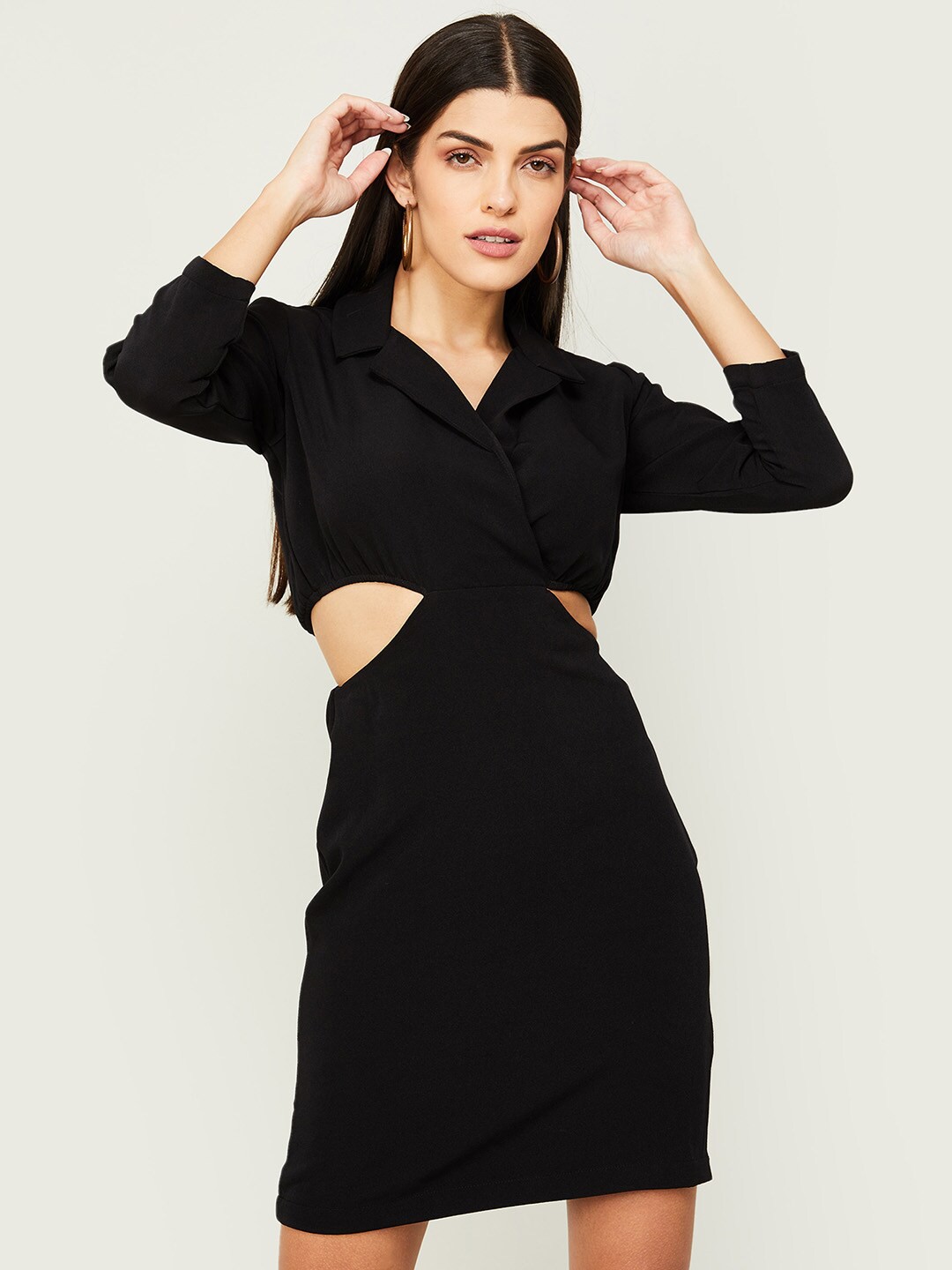 

Ginger by Lifestyle Women Black Solid Shirt Collar Sheath Dress