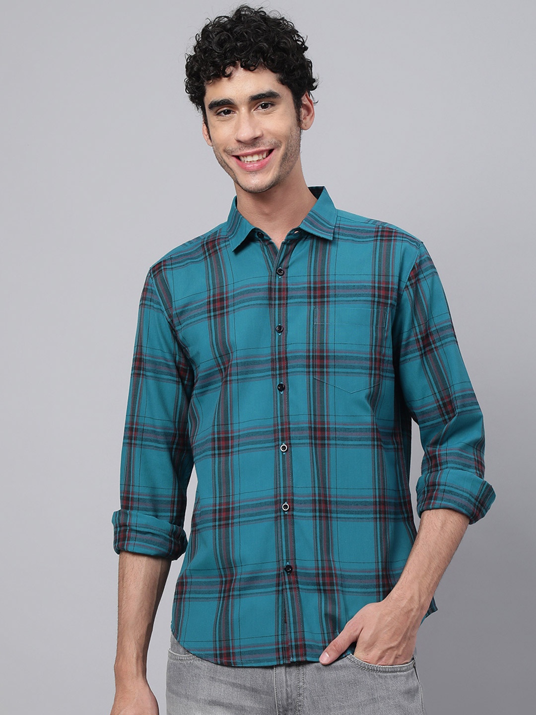 

VEIRDO Men Blue Tartan Checks Checked Casual Shirt