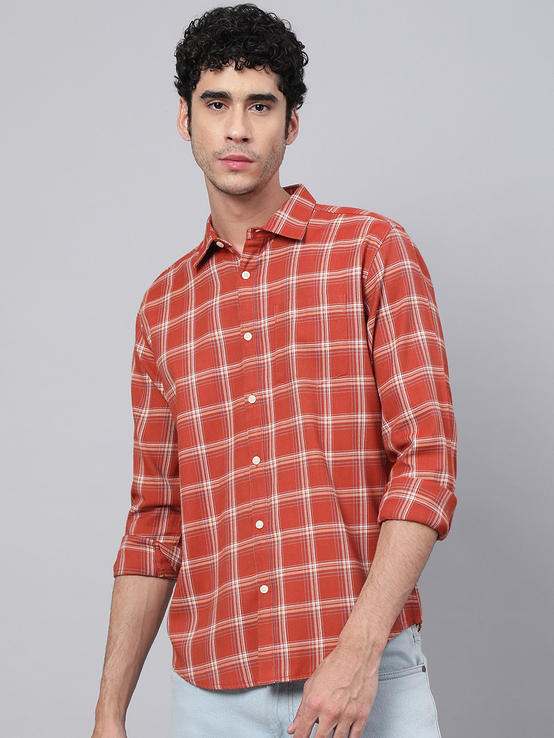 

VEIRDO Men Rust Tartan Checks Checked Casual Shirt