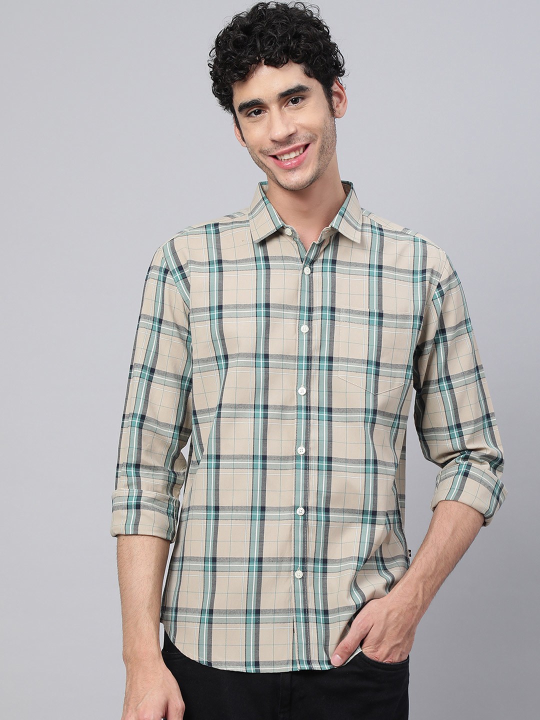 

VEIRDO Men Beige Tartan Checks Checked Casual Shirt