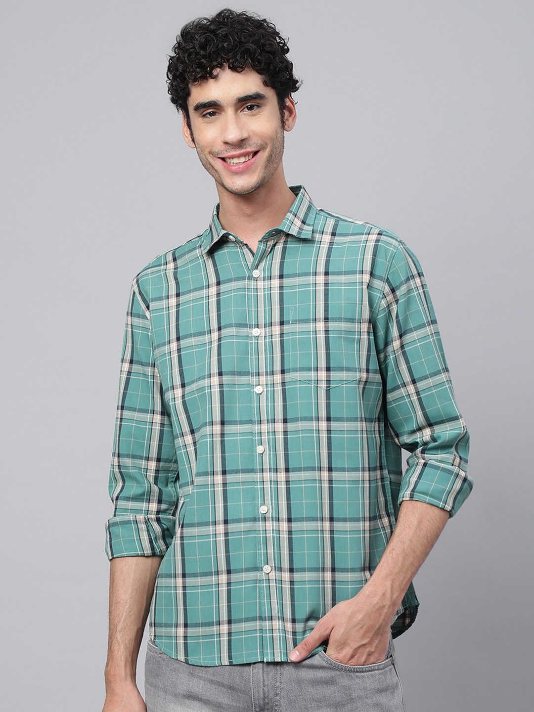 

VEIRDO Men Green Tartan Checks Checked Casual Shirt