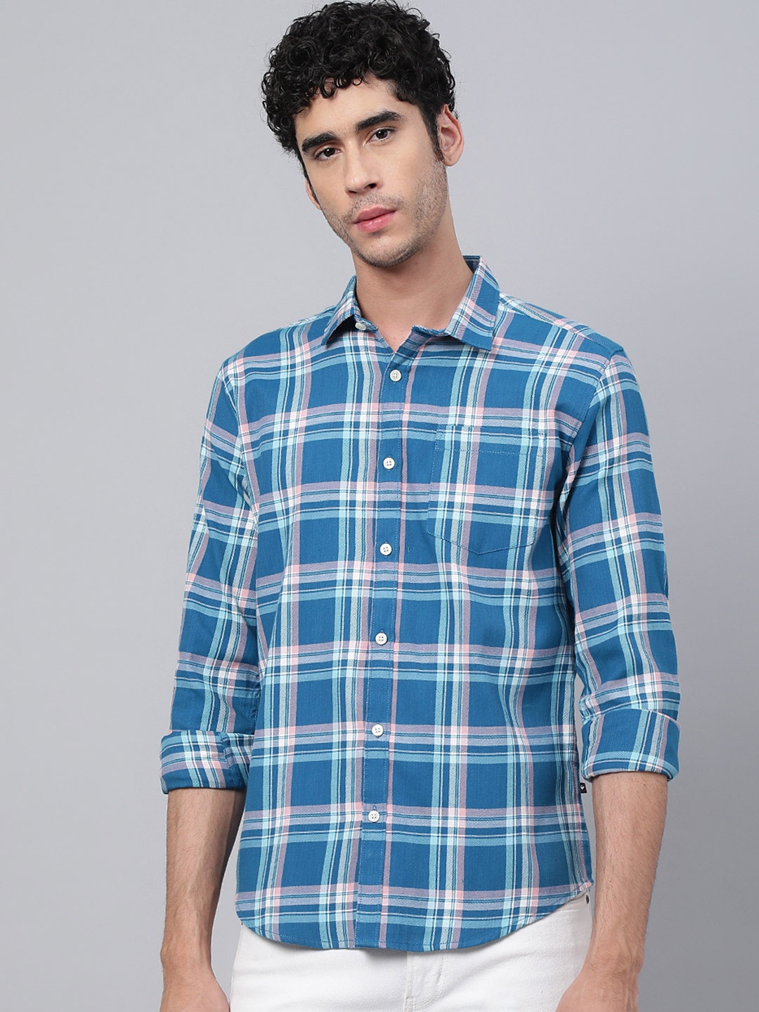 

VEIRDO Men Blue Tartan Checks Checked Casual Shirt