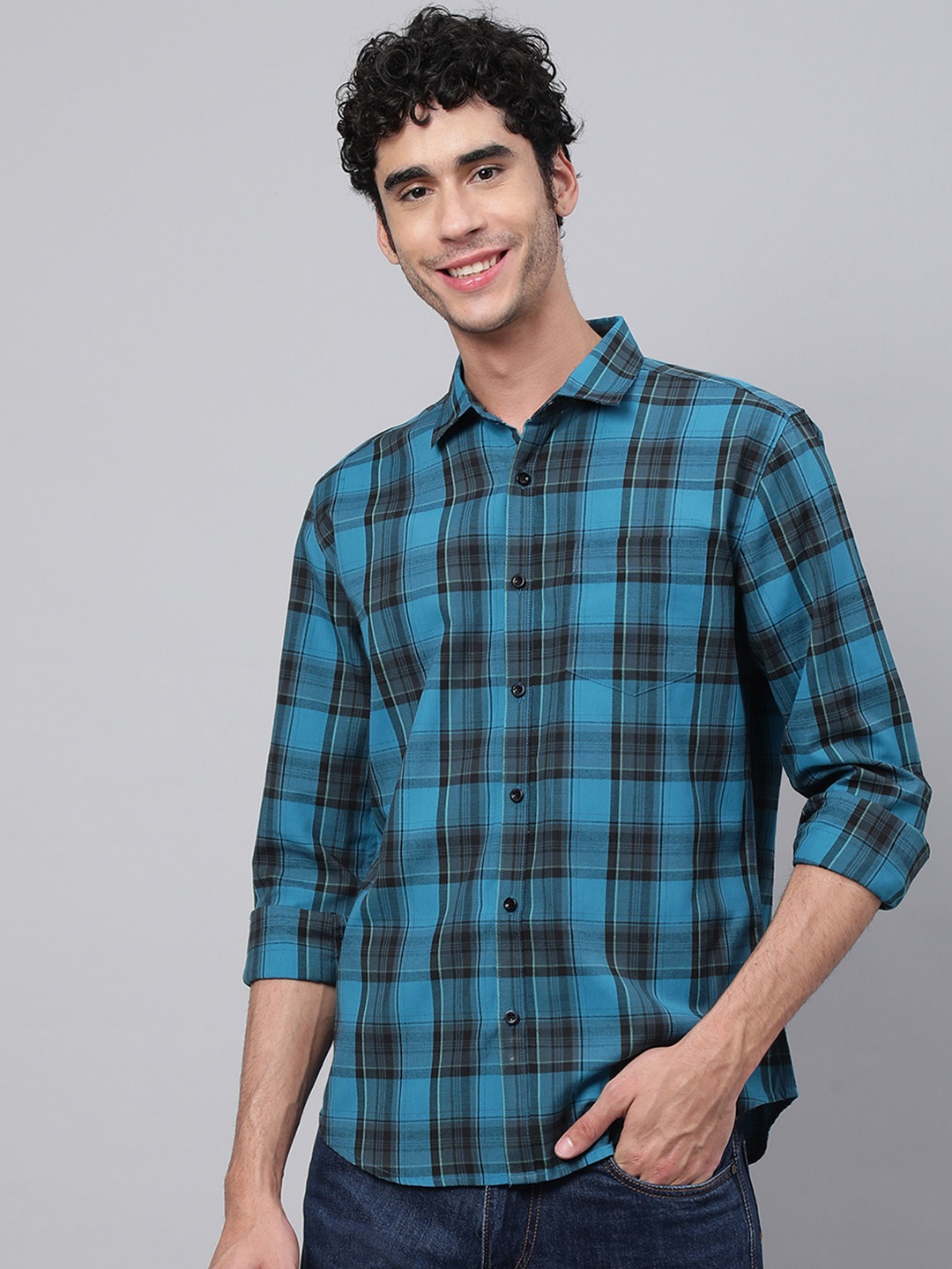 

VEIRDO Men Blue Tartan Checks Checked Casual Shirt