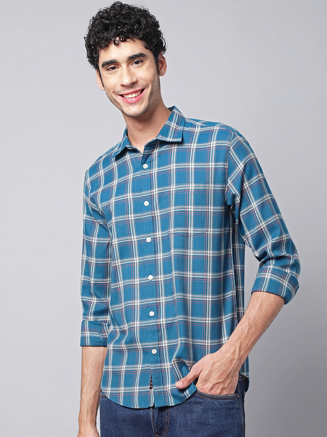 

VEIRDO Men Blue Tartan Checks Checked Casual Shirt
