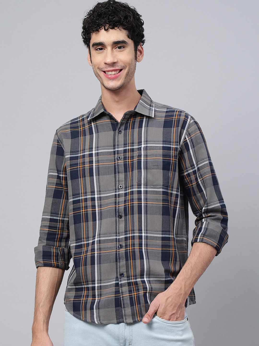 

VEIRDO Men Grey Tartan Checks Checked Casual Shirt