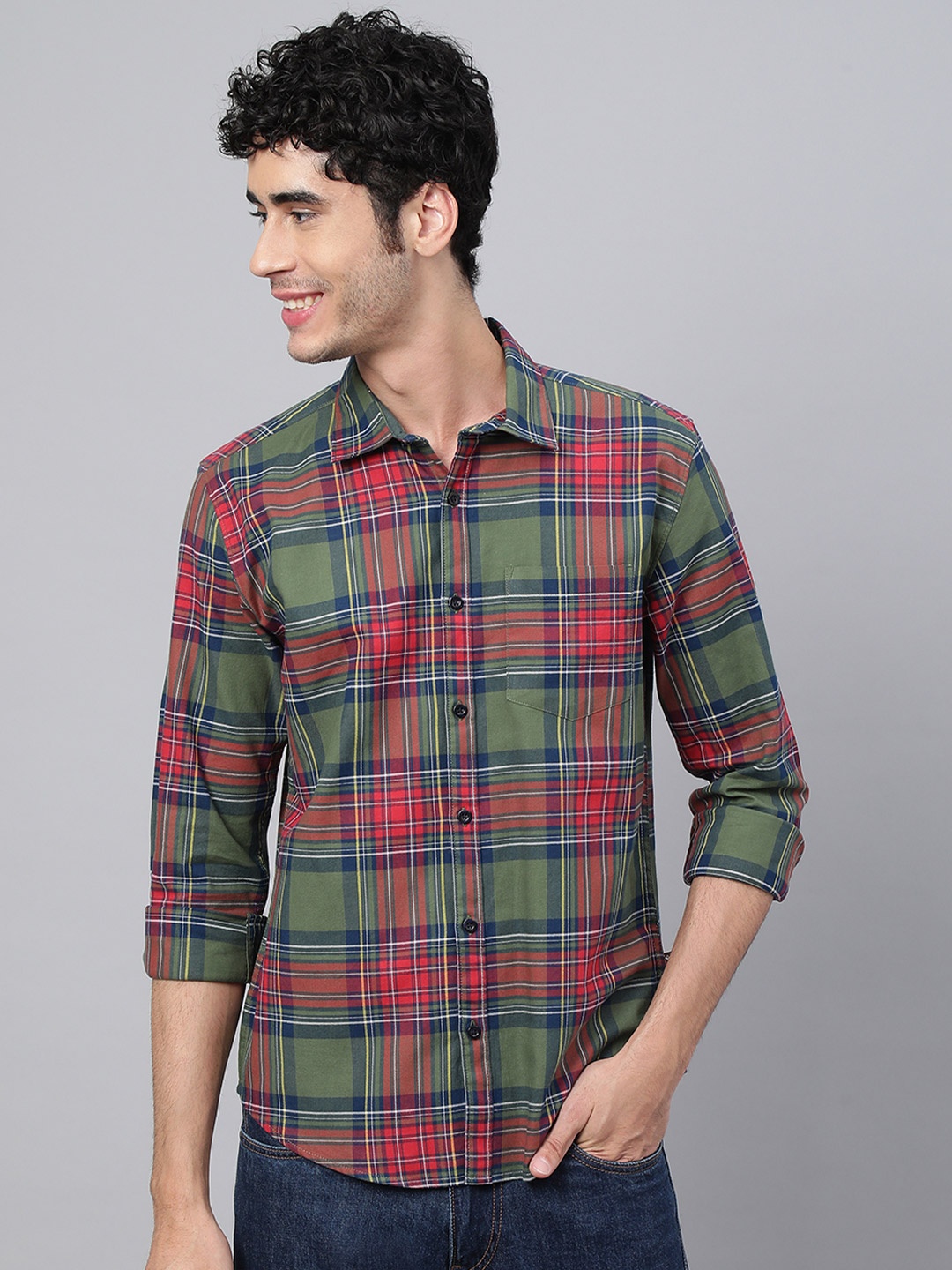 

VEIRDO Tartan Checked Spread Collar New Cotton Casual Shirt, Fluorescent green