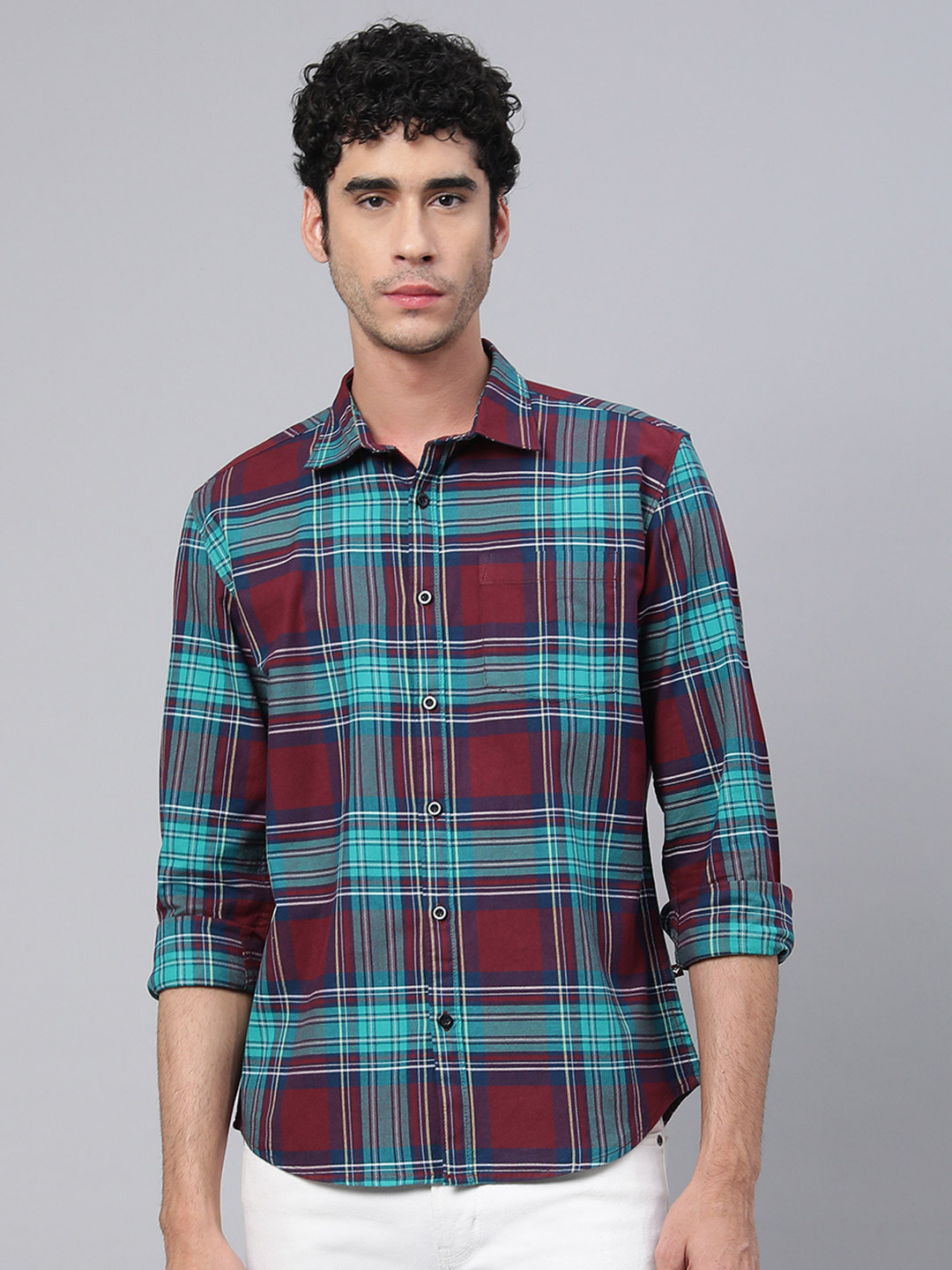 

VEIRDO Tartan Checked Spread Collar New Cotton Casual Shirt, Maroon