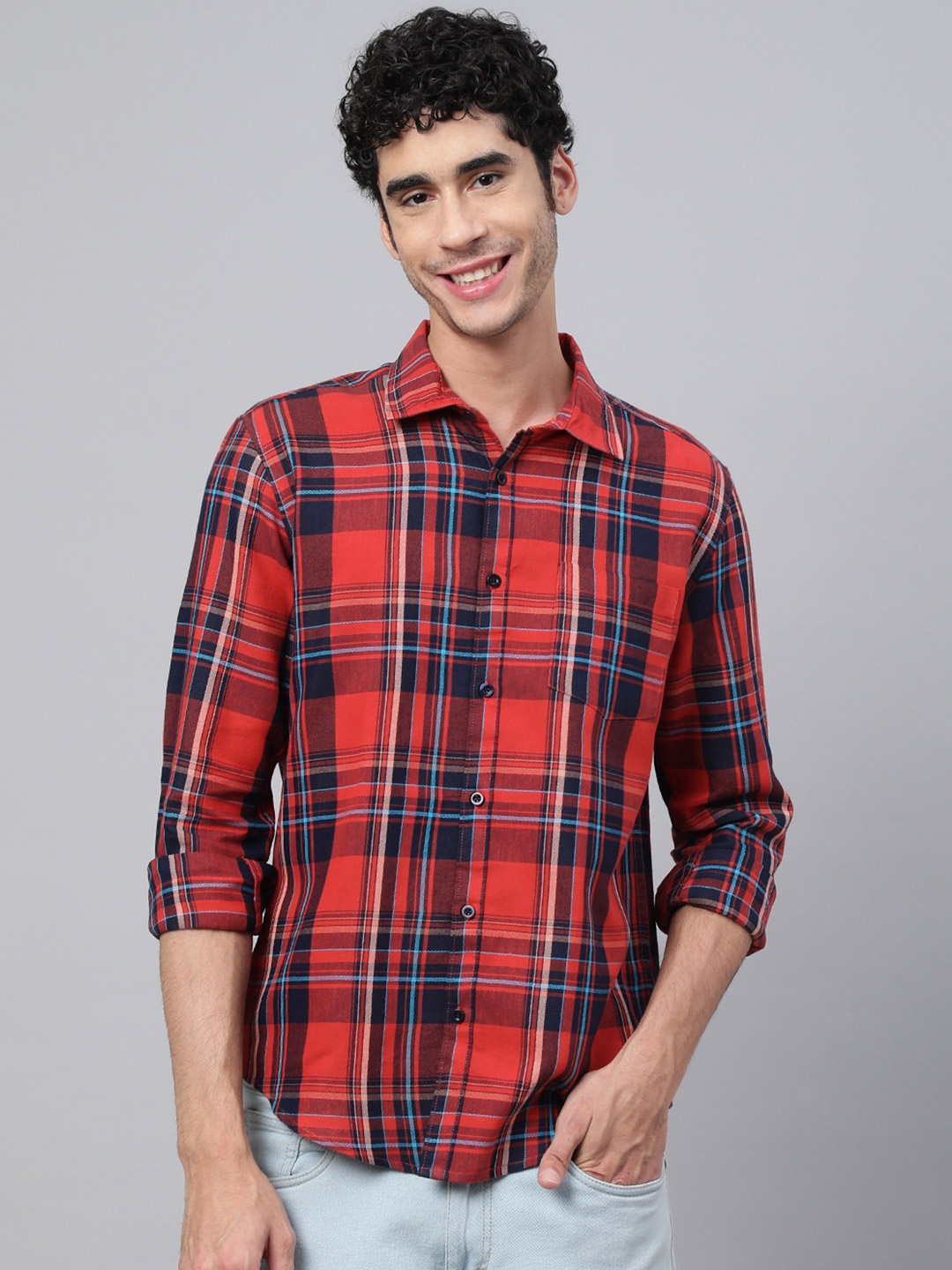 

VEIRDO Men Rust Tartan Checks Checked Casual Shirt