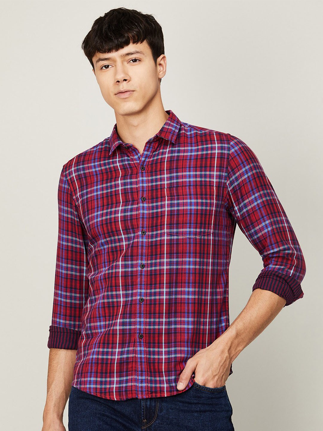 

Bossini Men Red Tartan Checks Checked Cotton Casual Shirt